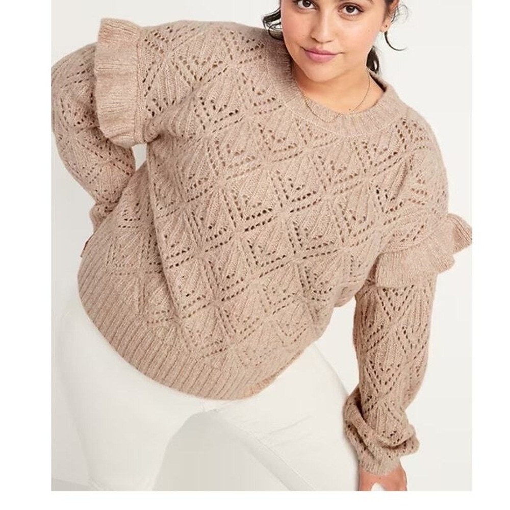 Old Navy Sweater Sz 4X Pointelle Knit Ruffle Trim Metallic Oatmeal Cozy‎